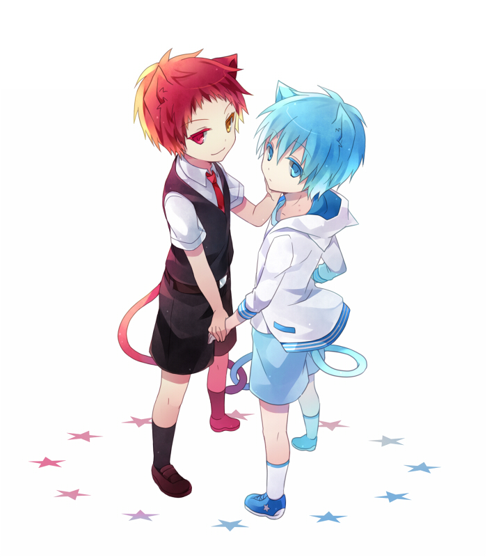 akashi_seijuurou, animal_ears, blue_eyes, blue_hair, cat_ears, cat_tail, child, hand_holding