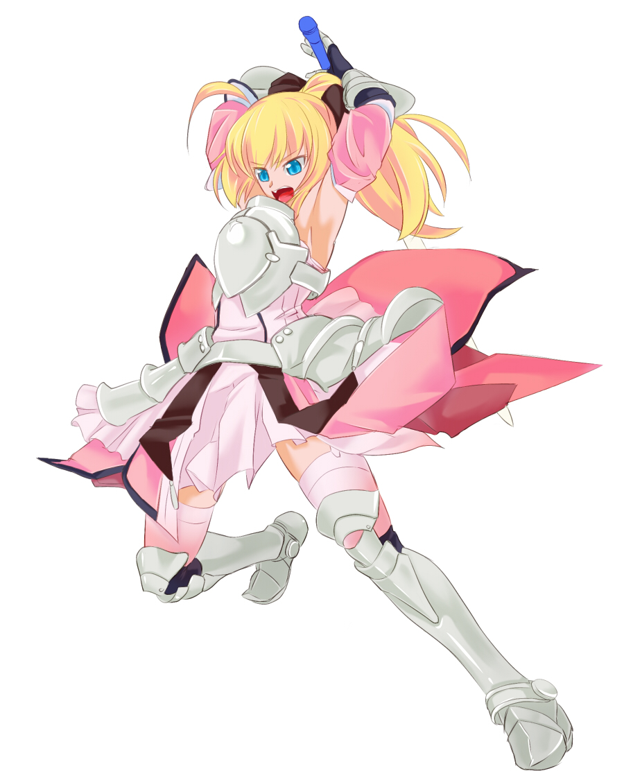 1girl, ahoge, armor, armored_dress, bare_shoulders, blonde_hair, blue_eyes, bow, detached_sleeves, dress, fate/stay_night, fate/unlimited_codes, fate_(series), garter_straps, gauntlets, hair_bow, long_hair, pink_legwear, ponytail, saber, saber_lily, samuraiedge, solo, sword, thigh-highs, thighhighs, weapon