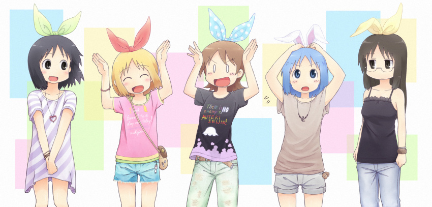 aioi_yuuko, alternate_costume, annaka_haruna, arms_up, belt, black_eyes, black_hair, blonde_hair, blue_eyes, blue_hair, blush, bow, bracelet, brown_eyes, brown_hair, casual, closed_eyes, engrish, eyes_closed, glasses, hair_bow, hair_ribbon, hands_clasped, highres, hiroki_eiki, jewelry, long_hair, minakami_mai, multiple_girls, naganohara_mio, necklace, nichijou, open_mouth, ranguage, ribbon, romaji, shinonome_nano, short_hair, t-shirt