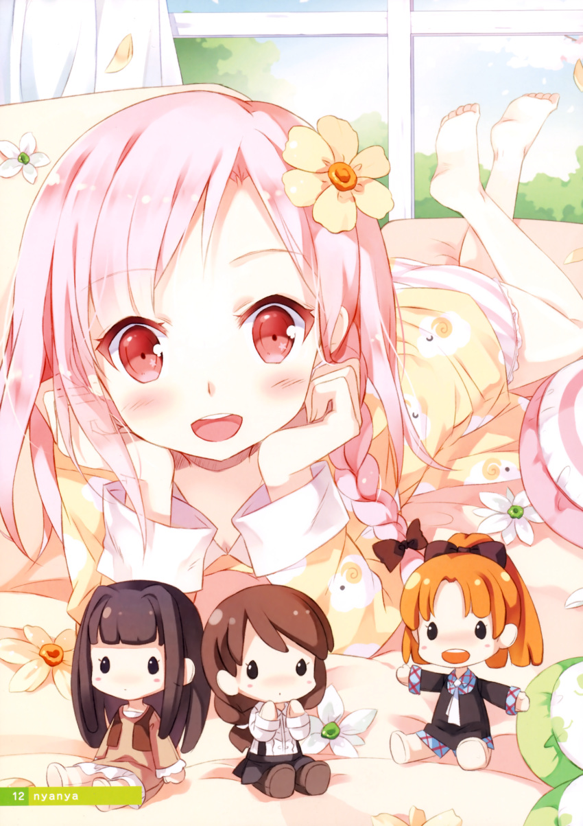 :d, absurdres, artist_name, ayase_sayuki, barefoot, black_hair, blush, braid