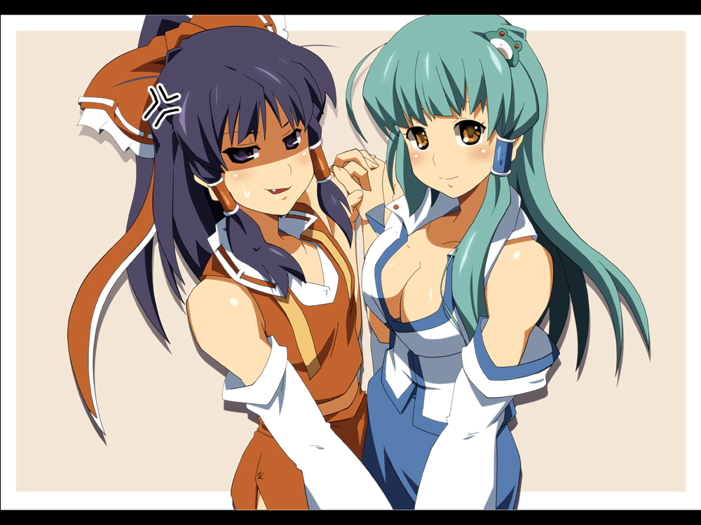 anger_vein, annoyed, bare_shoulders, black_eyes, black_hair, blush, bow, breast_envy, breasts, cleavage, detached_sleeves, fang, flat_chest, frog_hair_ornament, frog_ornament, frown, green_hair, hair_ornament, hair_tubes, hakurei_reimu, hand_holding, holding_hands, japanese_clothes, kochiya_sanae, long_hair, miko, multiple_girls, shaded_face, shin'ya_(nanp), shin'ya_(nanp), shinya_(nanpp), short_hair, touhou, yellow_eyes