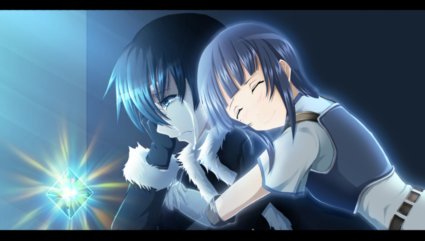 1girl, armor, black_hair, blue_eyes, blue_hair, blush, closed_eyes, coat