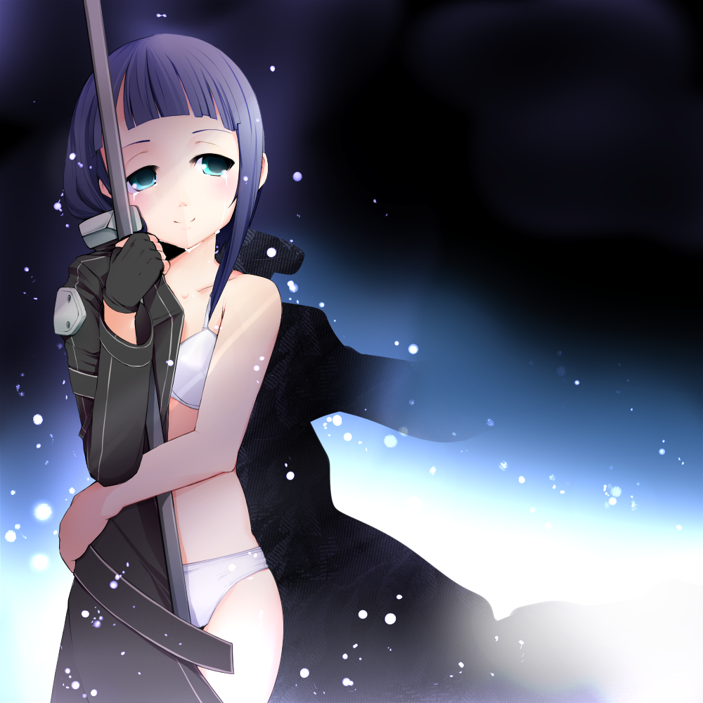 aqua_eyes, blue_hair, bra, coat, fingerless_gloves, gloves, lingerie, momo_(higanbana_and_girl)