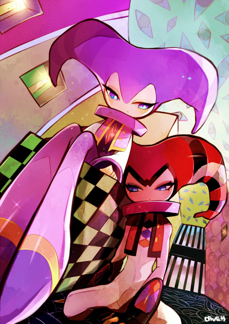 androgynous, blue_eyes, checkered, hat, jester_cap, jester_hat, kei_(ritoru2468), nights