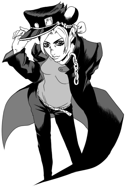 1girl, cosplay, greyscale, hat, jojo_no_kimyou_na_bouken, komekansou, kuujou_jolyne, kuujou_joutarou, kuujou_joutarou_(cosplay), long_coat, monochrome, solo