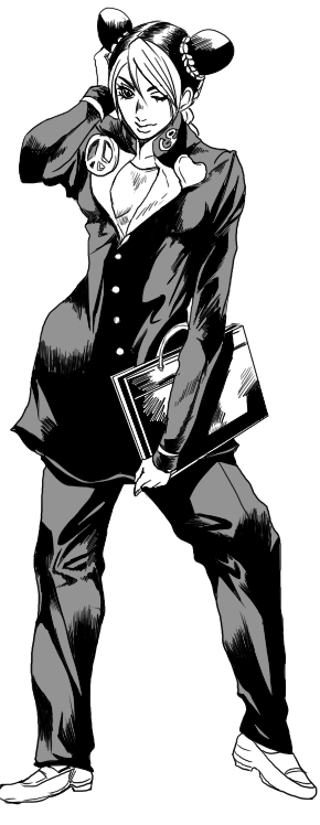 1girl, breasts, cleavage, cosplay, greyscale, higashikata_jousuke, higashikata_jousuke_(cosplay), jojo_no_kimyou_na_bouken
