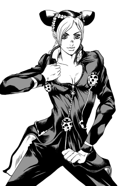 1girl, breasts, cleavage, cleavage_cutout, cosplay, double_bun, giorno_giovanna, giorno_giovanna_(cosplay), jojo_no_kimyou_na_bouken, komekansou, kuujou_jolyne, parody, posing, solo