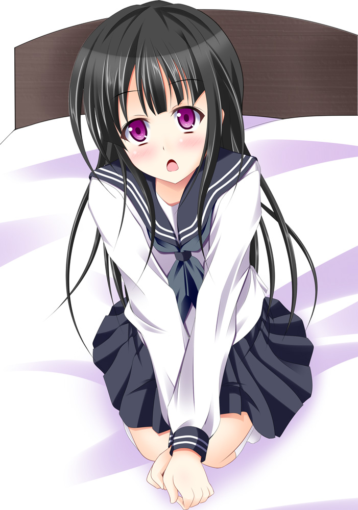 1girl, bed, black_hair, blush, chitanda_eru, hyouka, kneeling, long_hair