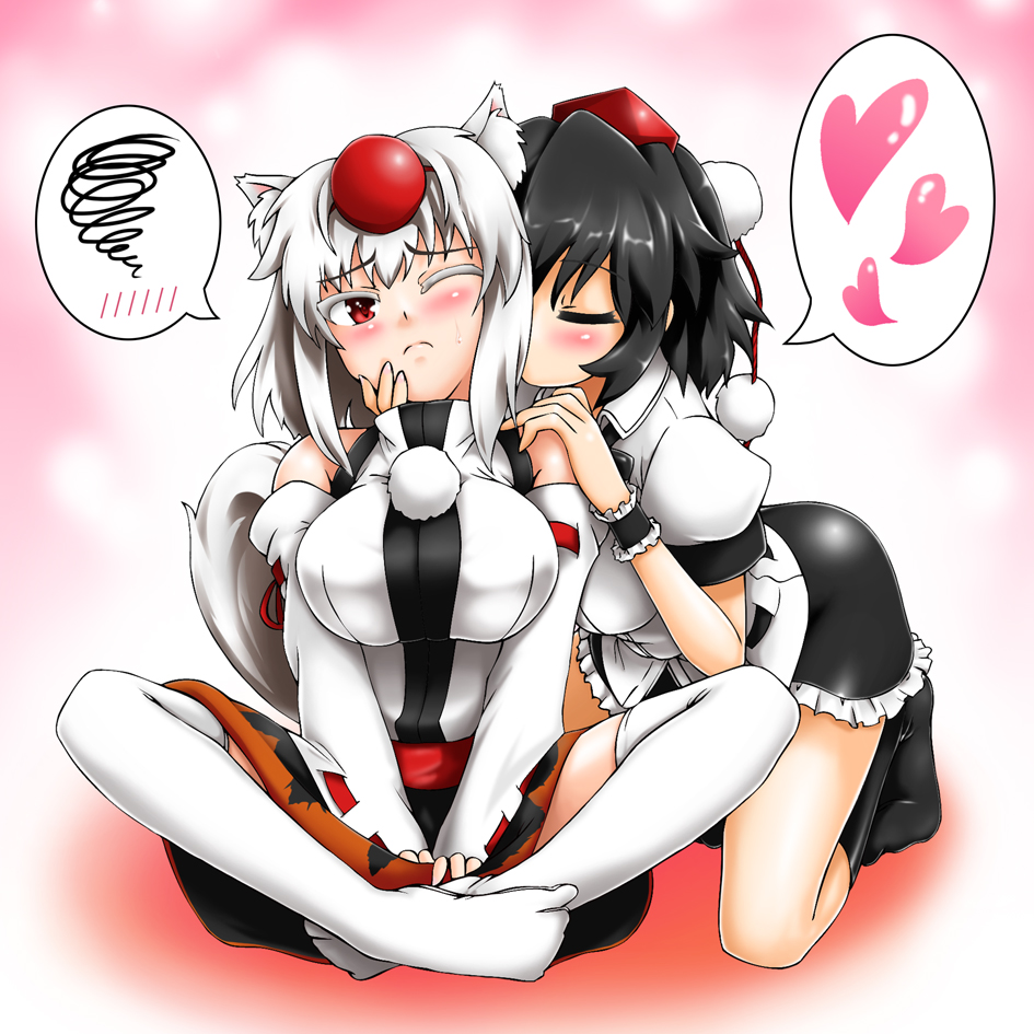 animal_ears, animale_ars, black_hair, blush, breasts, closed_eyes, detached_sleeves, eyes_closed