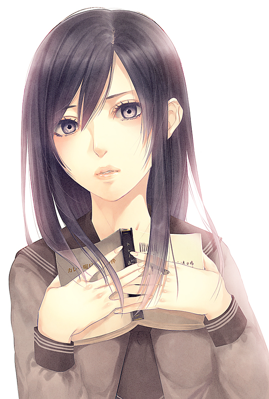 black_hair, book, holding, holding_book, lips, long_hair, looking_at_viewer, open_book