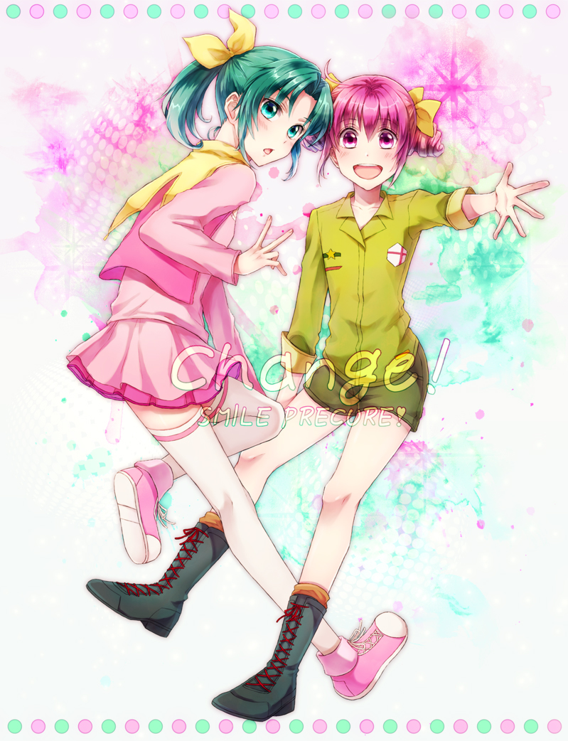 :d, boots, casual, cosplay, costume_switch, dress, ee_yy422, green_eyes, green_hair, hoshizora_miyuki, hoshizora_miyuki_(cosplay), midorikawa_nao, midorikawa_nao_(cosplay), multiple_girls, open_mouth, pink_dress, pink_eyes, pink_hair, ponytail, precure, shirt, shoes, short_hair, short_twintails, shorts, skirt, smile, smile_precure!, thigh-highs, thighhighs, title_drop, twintails, white_legwear