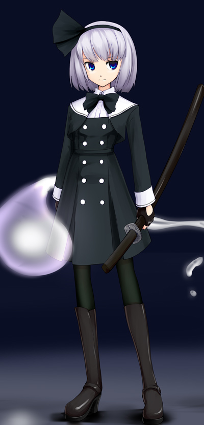 alternate_costume, blue_eyes, boots, fingerless_gloves, gloves, hair_ribbon, hairband, hitodama, katana, kirisaki_akihito, konpaku_youmu, konpaku_youmu_(ghost), pantyhose, ribbon, short_hair, silver_hair, skirt, solo, sword, touhou, weapon