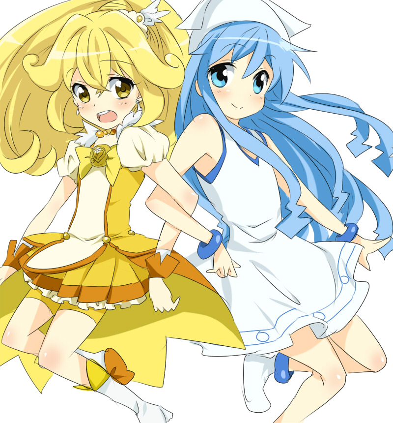 2girls, arm_lock, bike_shorts, blonde_hair, blue_eyes, blue_hair, blush, bowtie