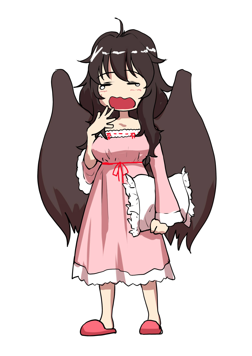black_hair, covering_mouth, highres, kirisaki_akihito, nightgown, pillow, reiuji_utsuho, sleepy
