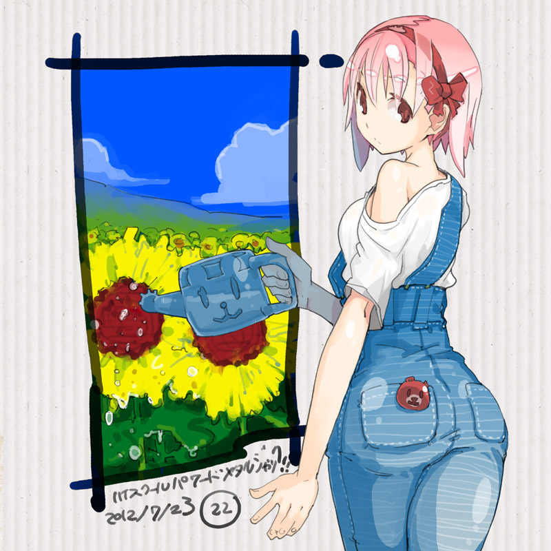 1girl, ass, bear_pin, female, flower, from_behind, holding, looking_back, nakahara_(teriyaki), off_shoulder, original, overalls, pink_hair, red_eyes, short_hair, solo, sunflower, t-shirt, teriyaki, translation_request, watering_can
