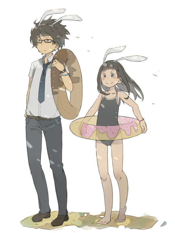 1girl, animal_ears, bare_legs, barefoot, belt, blue_eyes, bracelet, brother_and_sister
