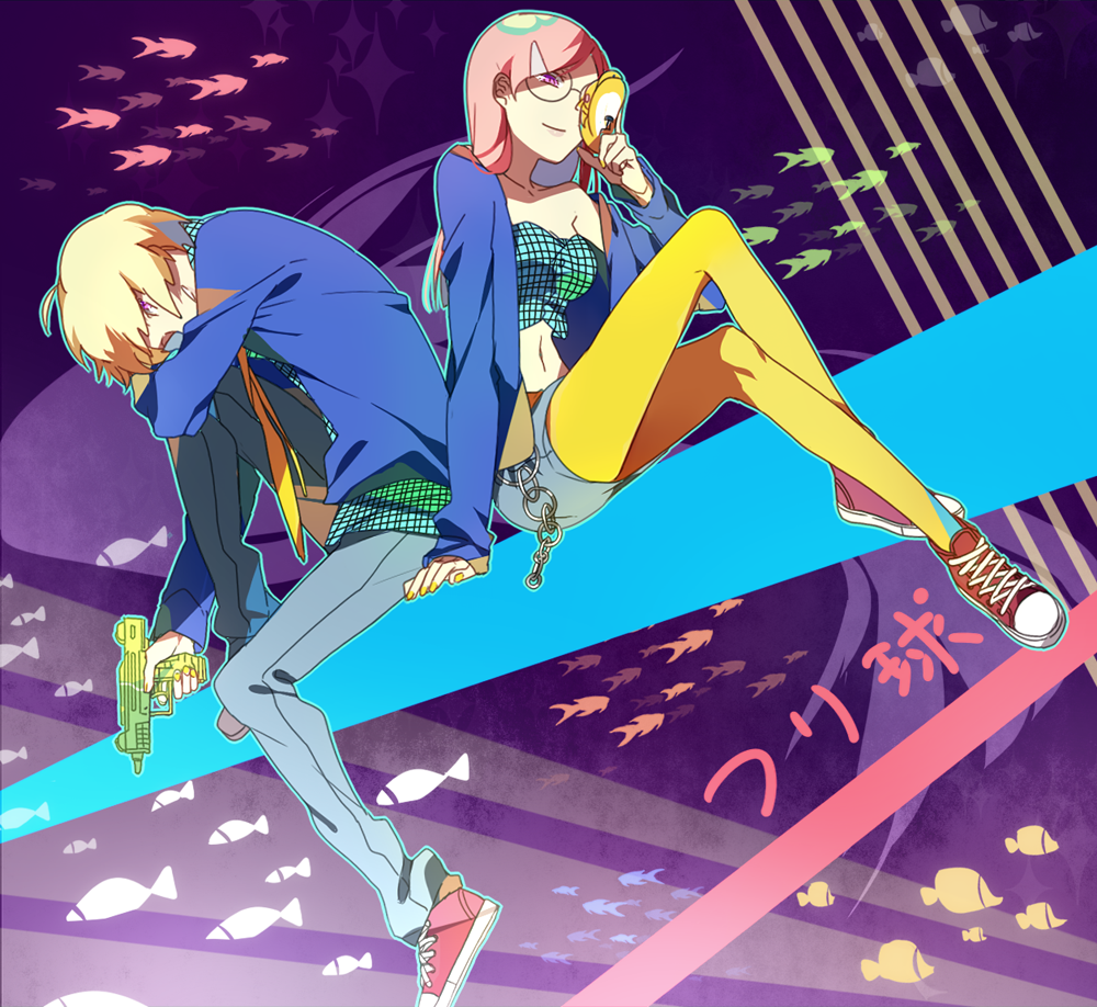 1girl, blonde_hair, brother_and_sister, chain, chains, coco_(tsuritama), crossed_legs, fashion, fish, glasses, grin, haru_(tsuritama), ikasemih, jacket, jeans, legs_crossed, long_hair, nail_polish, necktie, pantyhose, pink_hair, purple_eyes, shoes, short_hair, siblings, sitting, smile, title_drop, tsuritama, violet_eyes, water_gun, yellow_legwear
