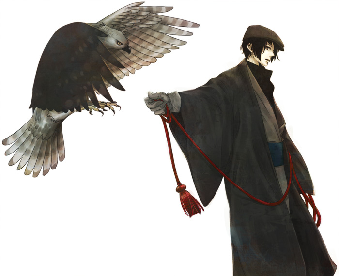aki_(pixiv98643), aki_(supekutooru), axis_powers_hetalia, bad_id, bird, black_hair, brown_eyes, cabbie_hat, gloves, hat, japan_(hetalia), japanese_clothes, male, solo