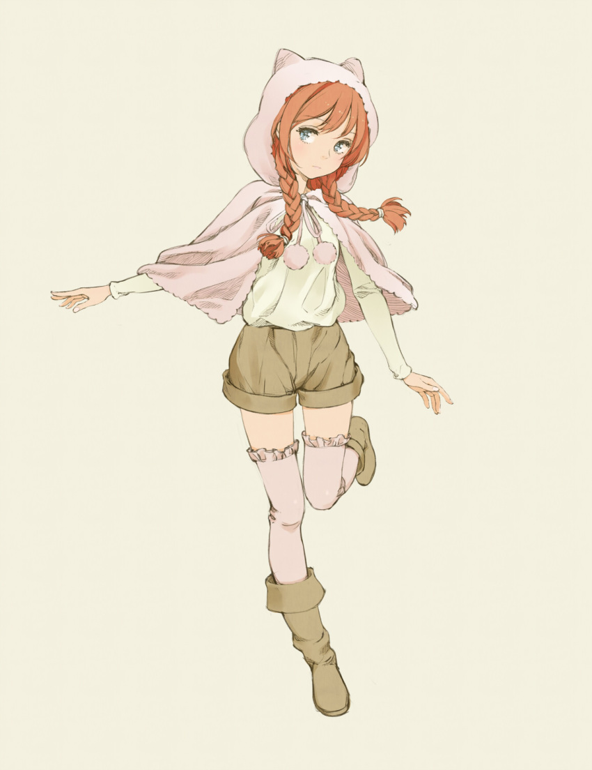 blue_eyes, boots, braid, capelet, cat_hood, highres, hood, kansou_hada