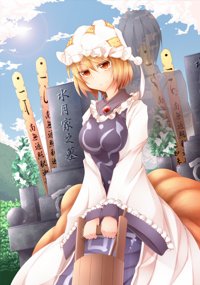 blonde_hair, breasts, bucket, cloud, clouds, fox_tail, ghost, grave_stone