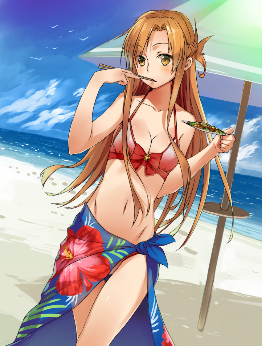 absurdres, asuna_(sao), bare_shoulders, beach, bikini, blue_sky, breasts, brown_eyes