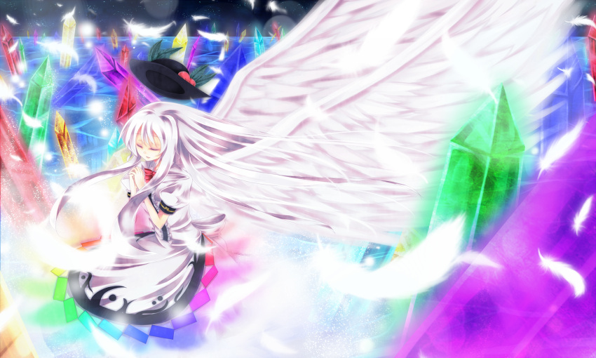 alternate_hair_color, angel_wings, closed_eyes, crystal, eyes_closed, feathers, food, fruit