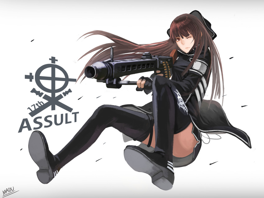 absurdres, bangs, blunt_bangs, boots, brown_eyes, brown_hair, fingerless_gloves, gloves
