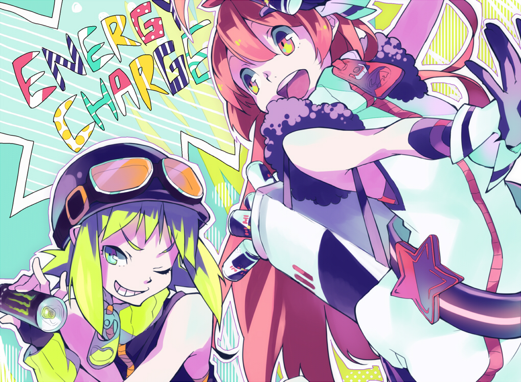 2girls, booota, can, cooler, energy_drink, english, gloves, goggles