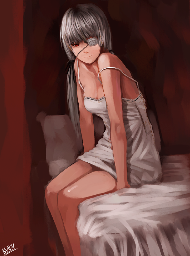 bangs, blunt_bangs, chemise, copyright_request, eyepatch, long_hair, madu, off_shoulder