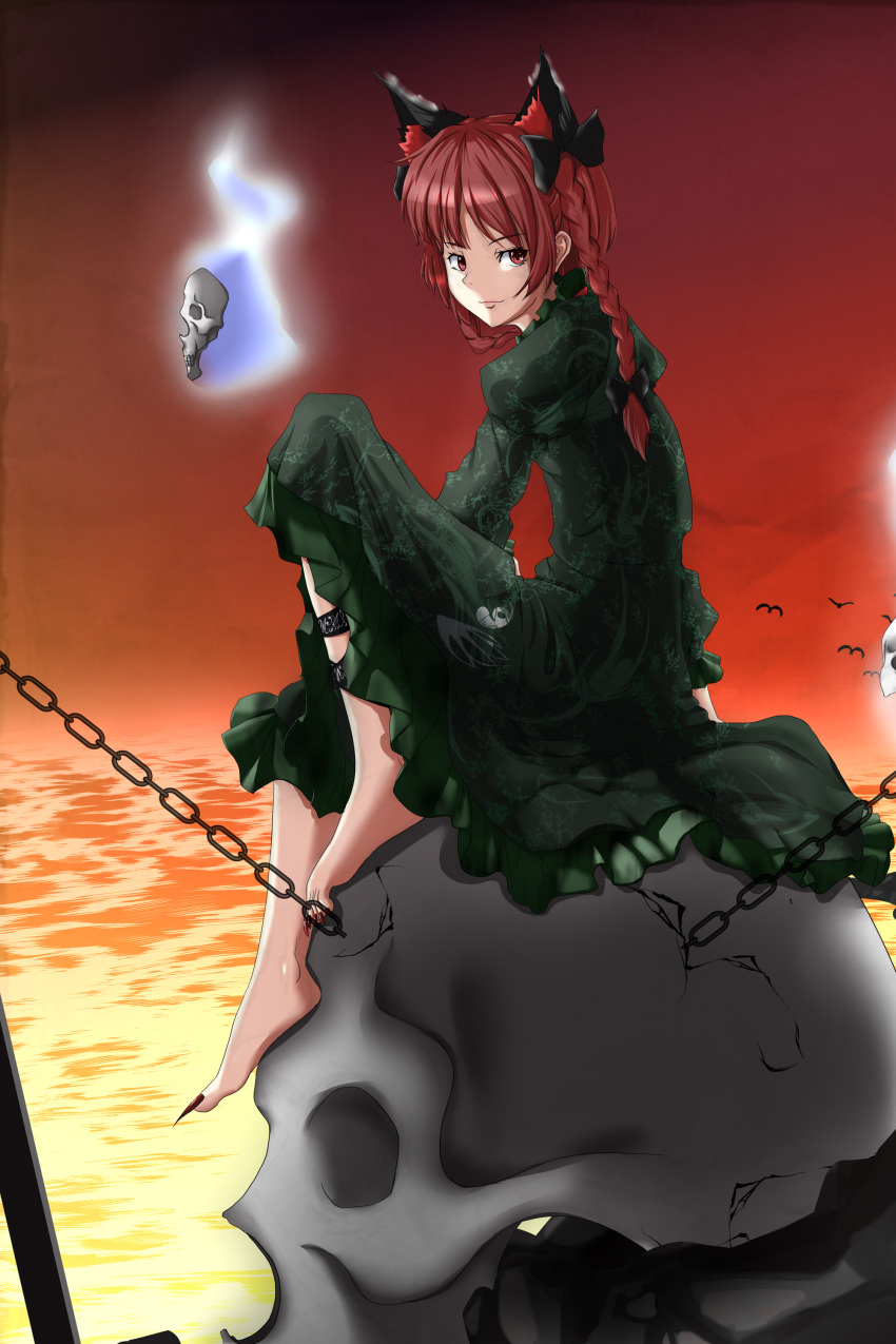 absurdres, animal_ears, barefoot, bird, bow, braid, cat_ears, chain