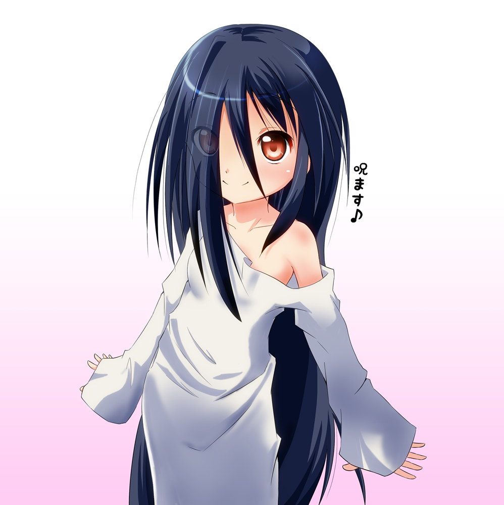 azumawari_(azumofu), black_hair, brown_eyes, hair_over_one_eye, long_hair, musical_note, off_shoulder, sleeves_past_wrists, solo, the_ring, yamamura_sadako