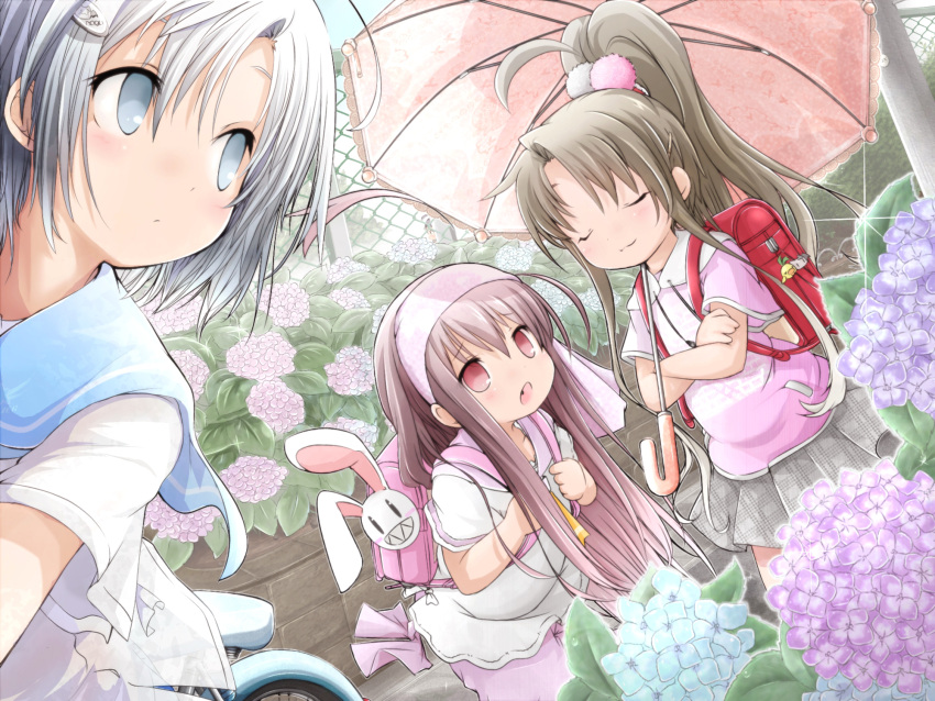 akino_coto, backpack, bag, blue_eyes, blush, brown_hair, closed_eyes, eyes_closed