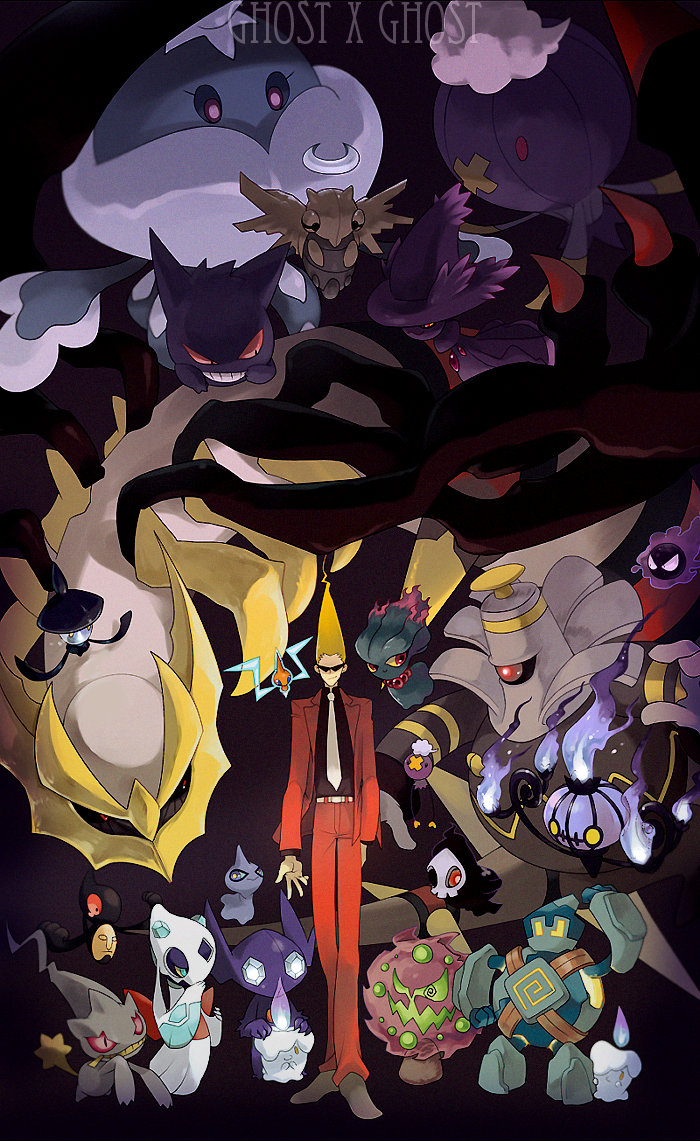 1boy, banette, black_background, blonde_hair, chandelure, crossover, dark, drifblim, drifloon, dusknoir, duskull, dusrhkqh, english, formal, froslass, gastly, gengar, ghost, ghost_trick, giratina, golett, jellicent, lampent, litwick, male, misdreavus, mismagius, pointy_hair, pokemon, pokemon_(creature), rotom, sableye, shedinja, shuppet, sissel, smile, spiritomb, sunglasses, yamask