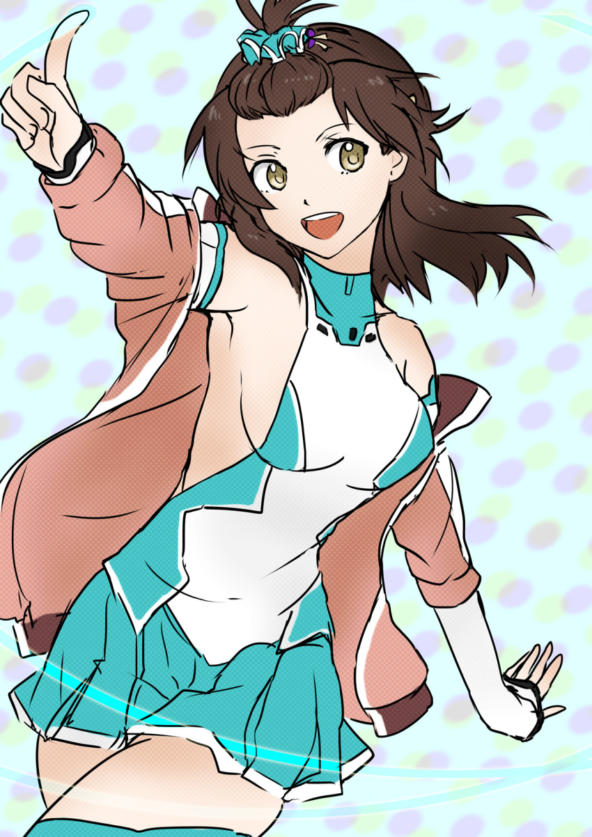 :d, alpha_(smashbox), bodysuit, breasts, brown_eyes, brown_hair, elbow_gloves, gloves