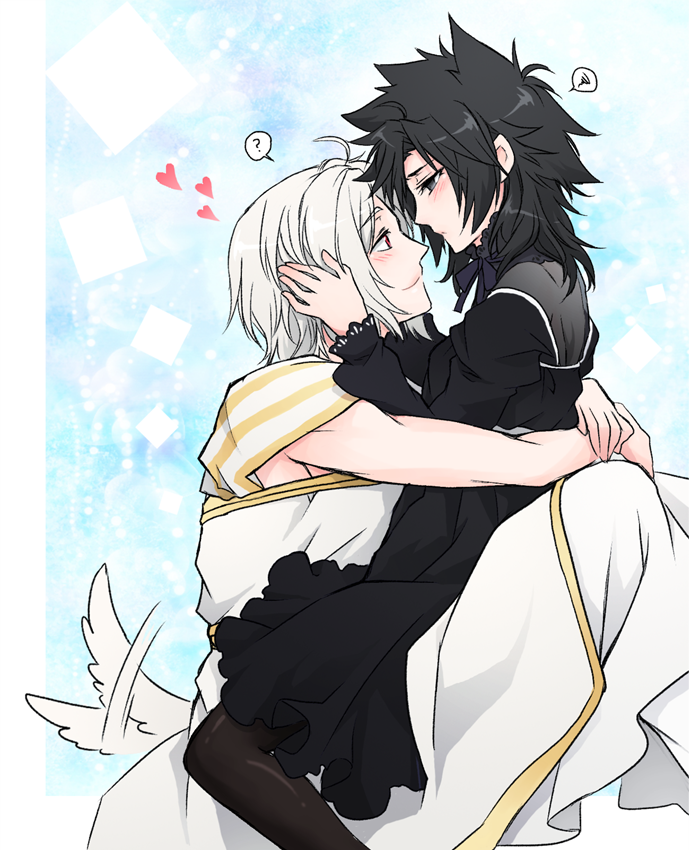 1girl, black_eyes, black_hair, blush, couple, dress, emiya_kiritsugu, fate/zero, fate_(series), genderswap, hands_on_another's_face, hands_on_another's_face, hug, irisviel_von_einzbern, long_hair, red_eyes, shinzui_(fantasysky7), sitting, sitting_on_lap, sitting_on_person, smile, tail, white_hair