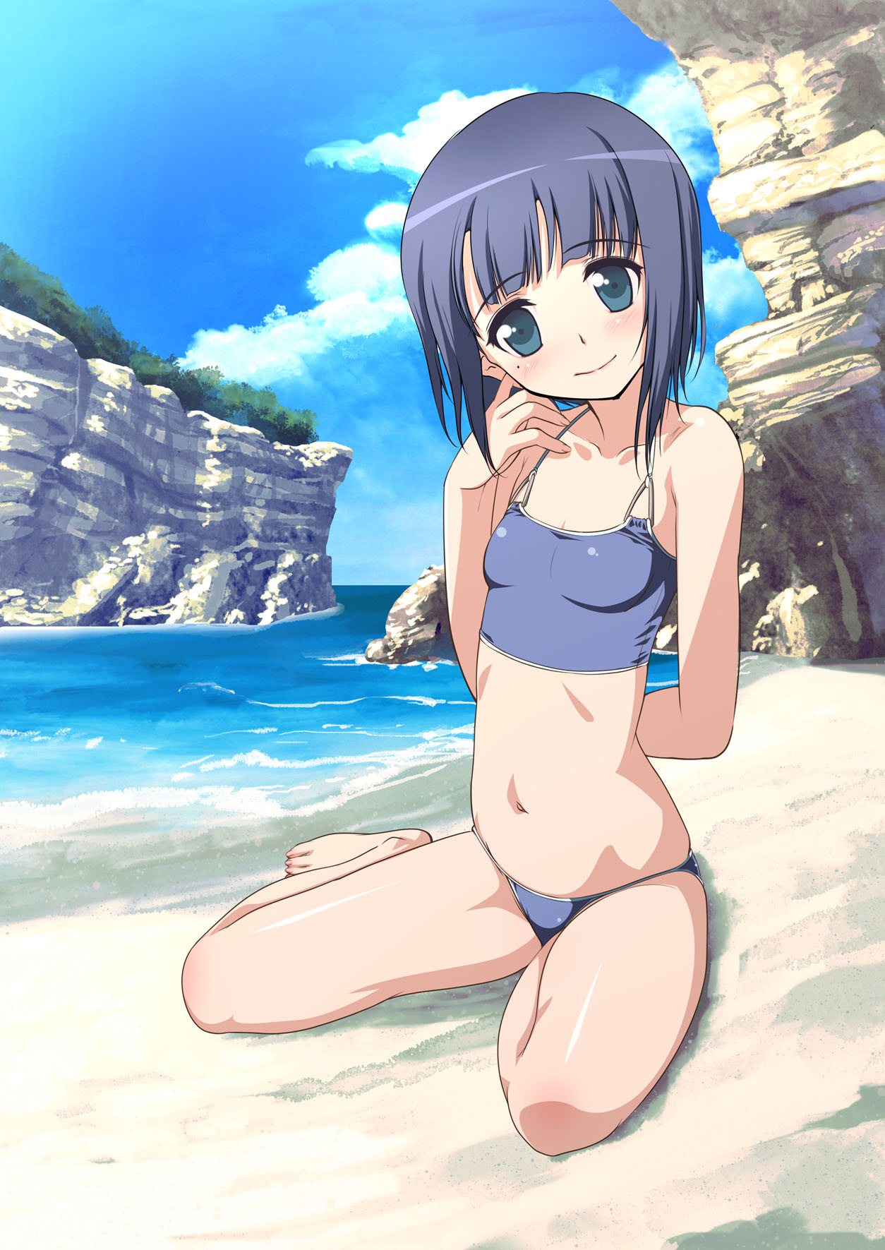 beach, belly, bikini, blue_eyes, blue_hair, highres, mole, moric