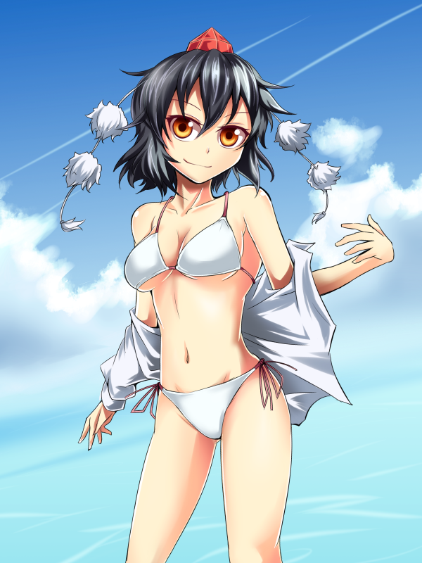 bikini, black_hair, brown_eyes, dress_shirt, hat, miracle_hinacle, shameimaru_aya, shirt