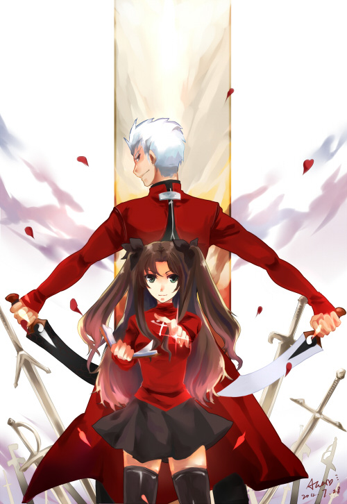 1boy, 1girl, archer, black_legwear, blue_eyes, brown_hair, fate/stay_night, fate_(series)