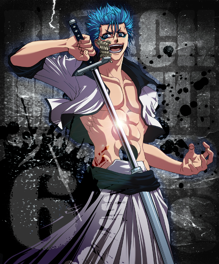 1boy, abs, arrancar, black_sash, bleach, blue_eyes, blue_hair, cropped_jacket