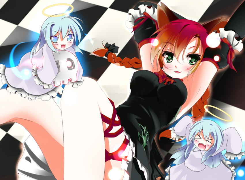armpits, blush, breasts, dress, kaenbyou_rin, open_mouth, smile, spirits