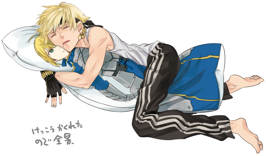 blonde_hair, dakimakura_(object), drooling, fate/stay_night, fate_(series), gilgamesh, male, mattaku_da
