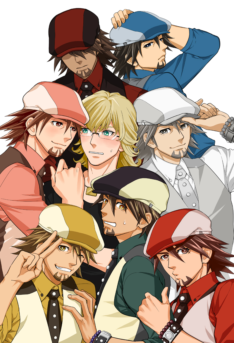 barnaby_brooks_jr, blonde_hair, blush, brown_eyes, brown_hair, cabbie_hat, ebitetsu, facial_hair