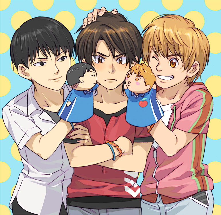 character_doll, kaku_eishi, male, multiple_boys, okayu_x, polka_dot, polka_dot_background, puppet