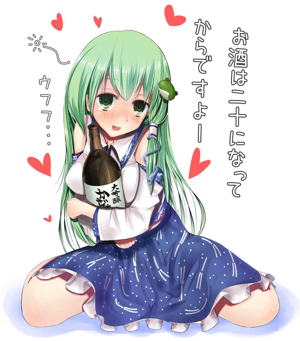 blush, bottle, detached_sleeves, drunk, frog, green_eyes, green_hair, hair_ornament