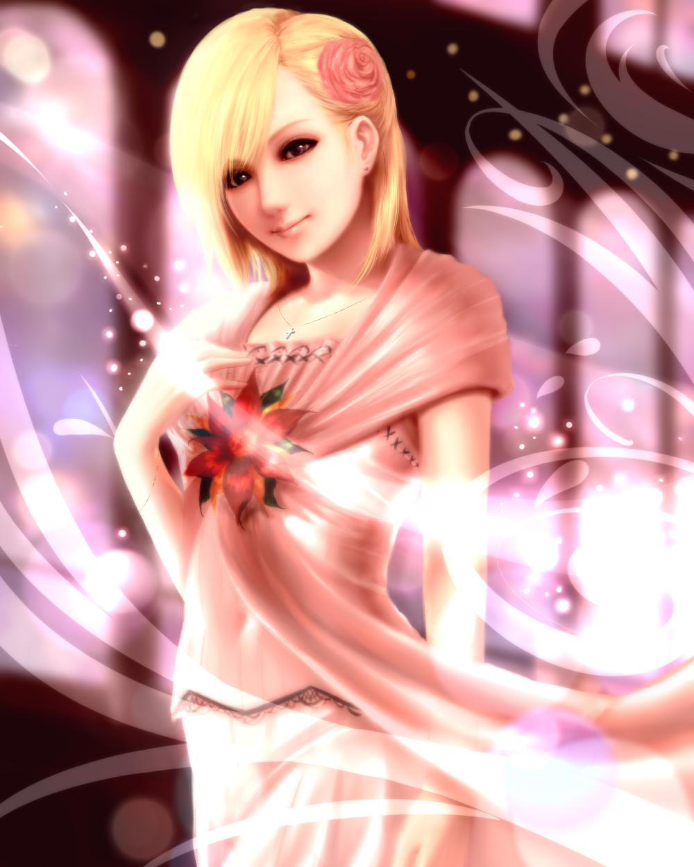 blonde_hair, brown_eyes, cake_(nico_seiga), dress, eve_brea, flower, hair_flower, hair_ornament, hand_on_own_chest, highres, light_smile, looking_at_viewer, parasite_eve, parasite_eve_the_3rd_birthday, smile, solo