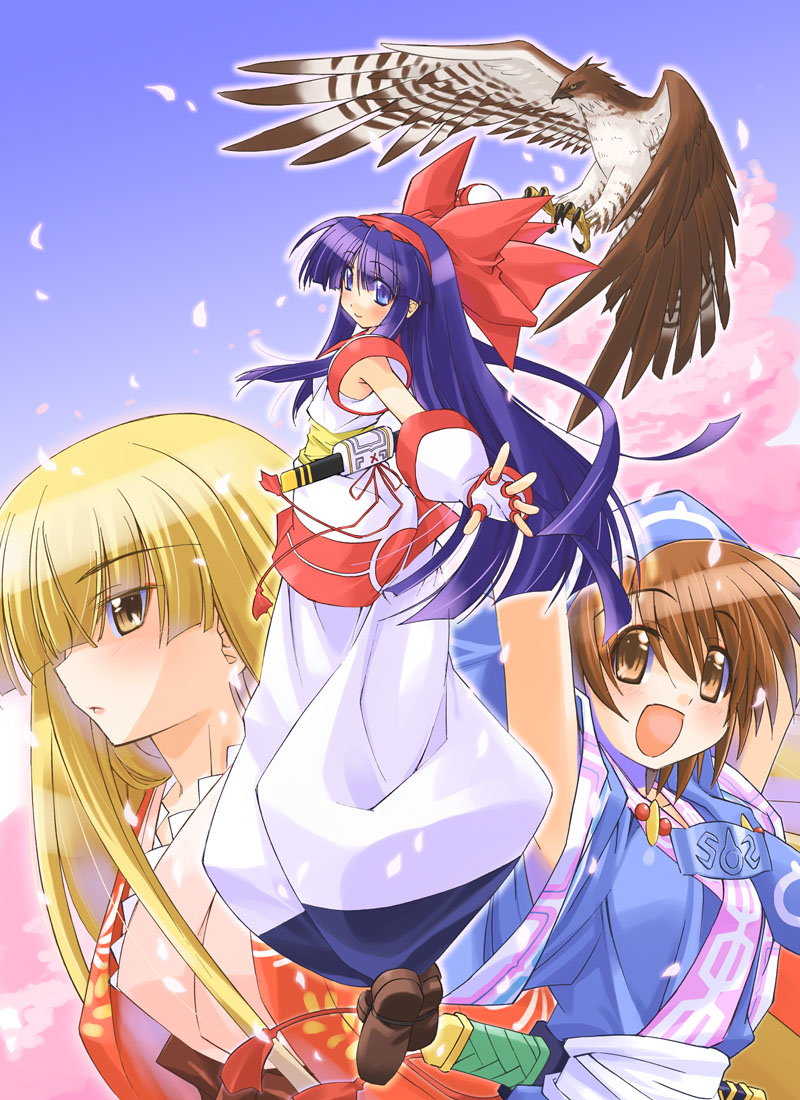 3girls, bird, black_hair, blonde_hair, blue_eyes, brown_eyes, brown_hair, fingerless_gloves