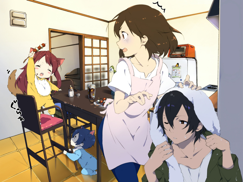 2boys, 2girls, ame_(ookami_kodomo), animal_ears, apron, baby, baby_bottle, black_hair