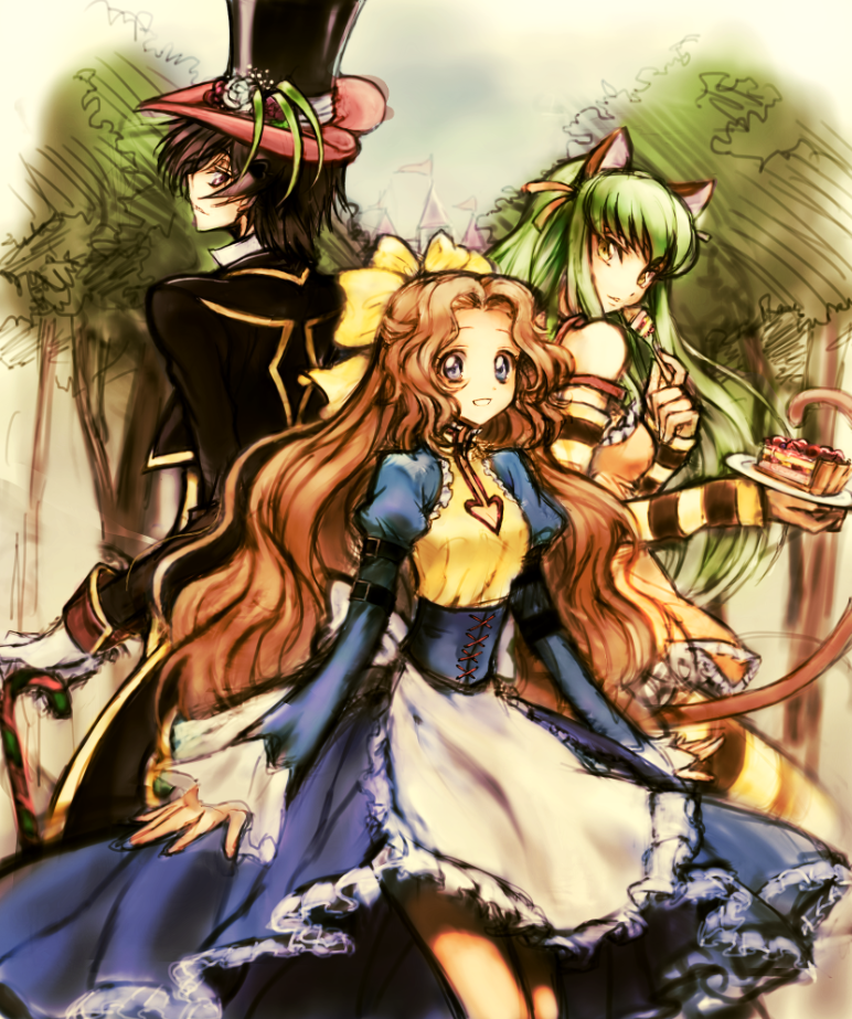 2girls, alice_(wonderland), alice_(wonderland)_(cosplay), alice_in_wonderland, animal_ears, black_hair, blue_dress, blue_eyes