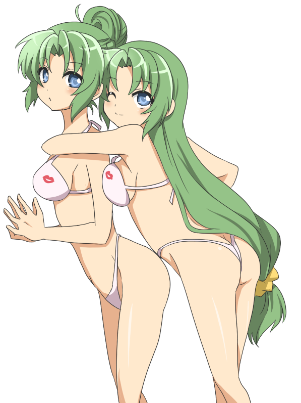 alternate_hairstyle, ass, bare_shoulders, bikini, blue_eyes, breast_press, breasts, compacthuman