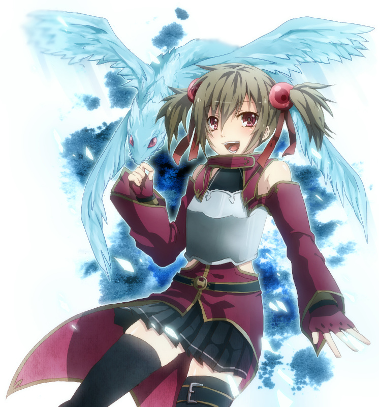 breastplate, brown_hair, detached_sleeves, dragon, fingerless_gloves, gloves, hair_bobbles, hair_ornament